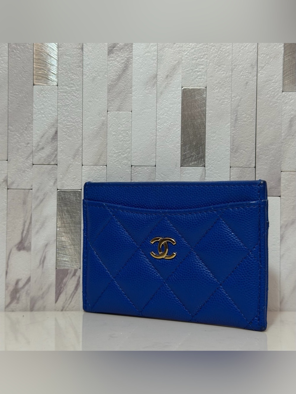 💙*RARE* CHANEL Caviar Quilted Card Holder Wallet in Cobalt Blue - Picture 4 of 15